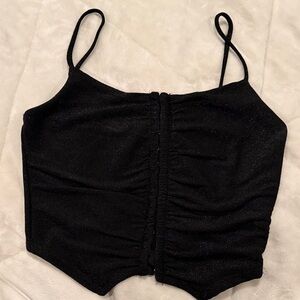 Chic Black Ruched Crop Top Sparkling Corset hooked front